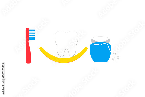 A red toothbrush, a white tooth resting on a yellow smile, and a blue dental floss container are displayed as simple illustrations against a solid black background.