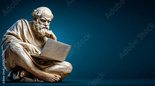 Stone philosopher statue focused on a laptop, symbolizing knowledge, learning, and the fusion of ancient thought with modern technology.