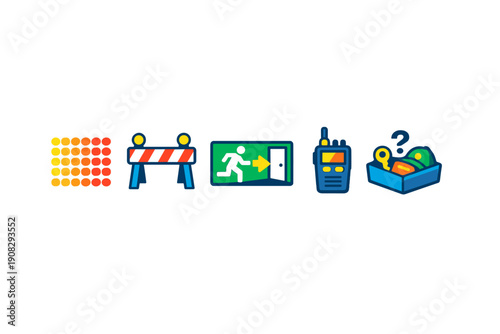 A collection of five colorful safety and emergency icons including a warning light grid, construction barrier, exit sign, walkie-talkie, and a lost and found box on a black background.