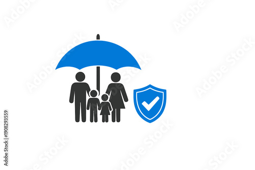 A blue umbrella shelters a family silhouette of four people next to a blue shield with a checkmark on a black background, symbolizing protection and insurance for the household.