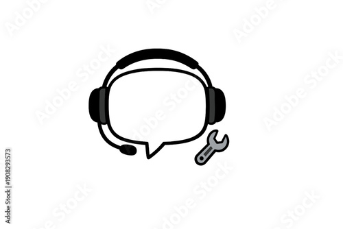 A black and white minimalist icon featuring a speech bubble wearing a headset with a microphone, accompanied by a small wrench symbol representing technical support and customer service.