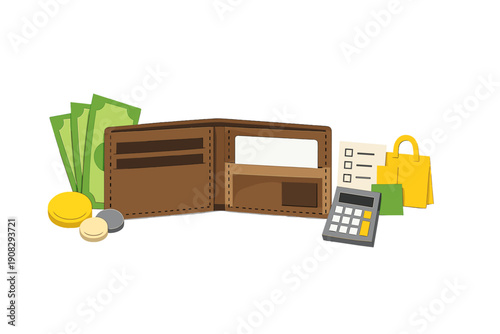 This 3D render features an open brown wallet with green cash, coins, a calculator, and shopping bags on a black background, symbolizing financial planning and expense tracking.