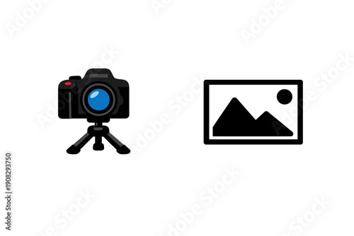 A flat vector illustration of a professional digital camera mounted on a tripod against a solid black background. The camera features a blue lens and a red shutter button.