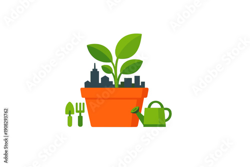 A flat vector illustration of a green plant growing in an orange pot with a city skyline silhouette in the background, accompanied by gardening tools and a watering can.
