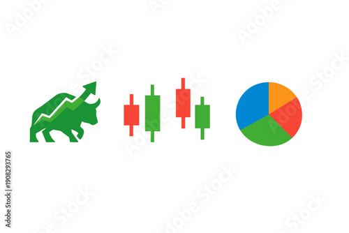 A green bull icon with an upward arrow, red and green candlestick chart bars, and a colorful pie chart are displayed horizontally against a solid black background.