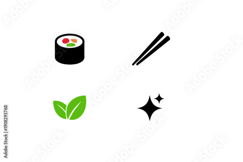 This minimalist graphic features a single sushi roll with red, orange, and green fillings above two green leaves. The entire composition is set against a stark black background.