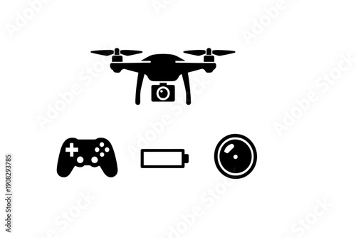 A black and white illustration featuring a drone with a camera, a remote controller, a battery icon, and a compass symbol, representing aerial photography and navigation technology.