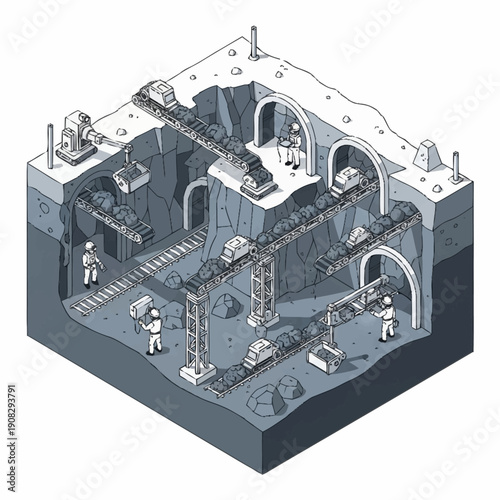 Isometric view of a complex underground mining operation with workers and machinery.