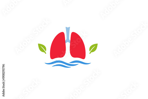 A minimalist illustration of human lungs in red with a light blue trachea, flanked by green leaves and blue water waves on a black background, symbolizing health and nature.