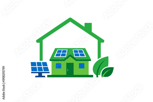 A green house illustration featuring solar panels on the roof and a separate solar array, accompanied by green leaves, symbolizing sustainable living and renewable energy concepts.