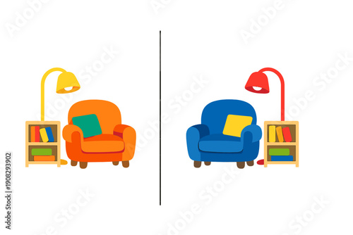 This flat vector illustration features two mirrored living room scenes with colorful armchairs, floor lamps, and bookshelves on a black background. One set is orange and the other is blue.