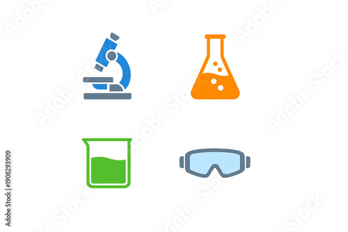 A collection of four colorful science icons including a blue microscope, an orange Erlenmeyer flask, a green beaker, and light blue safety goggles set against a solid black background.