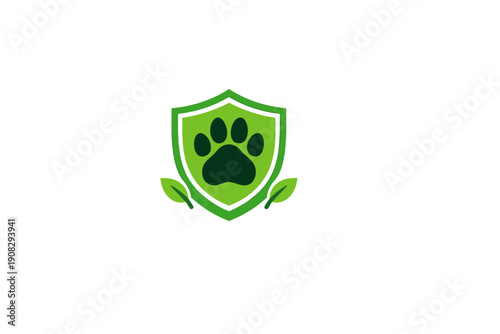 A green shield icon featuring a dark green animal paw print in the center, flanked by two small leaves at the base, set against a solid black background for a pet safety logo.