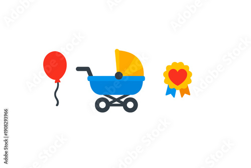 A red balloon, a blue baby stroller with a yellow hood, and a yellow award ribbon with a red heart are displayed as flat icons against a solid black background.