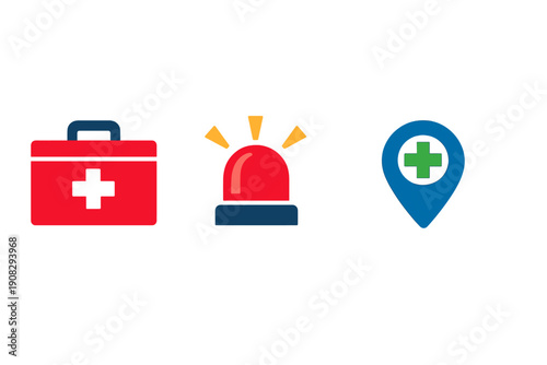 A set of three colorful emergency icons featuring a red medical kit, a warning siren, and a blue location marker with a green cross, all isolated on a solid black background.