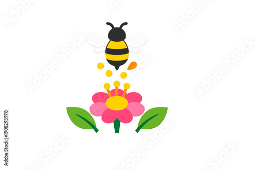 A flat vector illustration of a yellow and black honeybee flying above a pink flower with green leaves. Small yellow and orange dots represent pollen between the insect and the bloom.