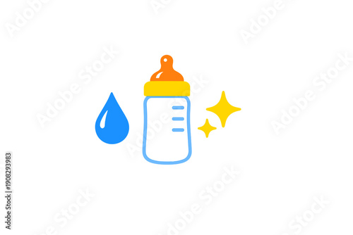 This graphic features a white baby bottle with an orange nipple, a blue water droplet, and yellow stars on a black background. It symbolizes cleanliness and baby nutrition.