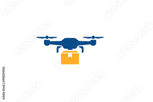 A blue quadcopter drone is shown carrying an orange delivery box against a plain black background. This graphic illustrates the concept of automated shipping and logistics.