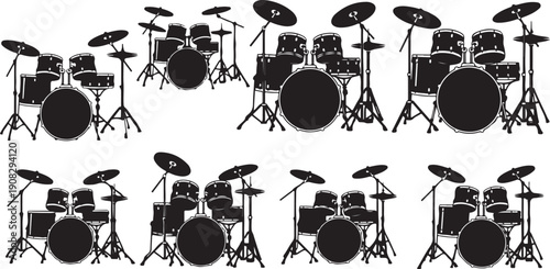 Drum Sets in Various Configurations and Angles Silhouette Illustration