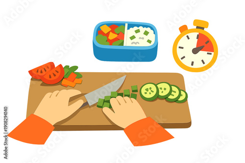 An illustration showing hands chopping a cucumber on a wooden board with a knife. A lunch box with rice and vegetables and a kitchen timer are visible in the background.