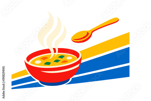 A vector illustration of a steaming red bowl of vegetable soup with a yellow spoon floating above it, set against a black background with blue and yellow diagonal stripes.