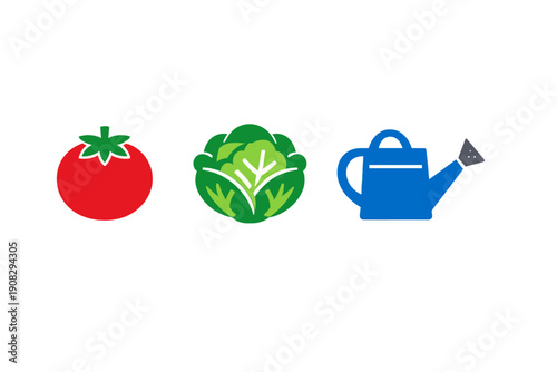 Three simple vector icons representing gardening and fresh produce, featuring a red tomato, a green head of lettuce, and a blue watering can, all set against a solid black background.