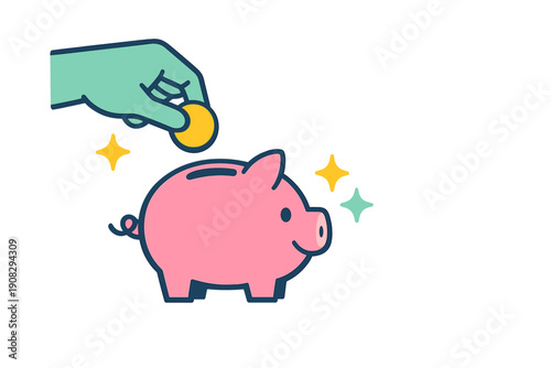 A teal hand drops a yellow coin into a pink piggy bank on a black background. This cartoon illustration features sparkling stars and represents financial savings and investment.