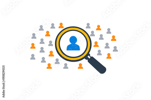 An illustration of a magnifying glass focusing on a blue human icon among a crowd of gray and orange figures, representing recruitment, talent search, and target audience selection.