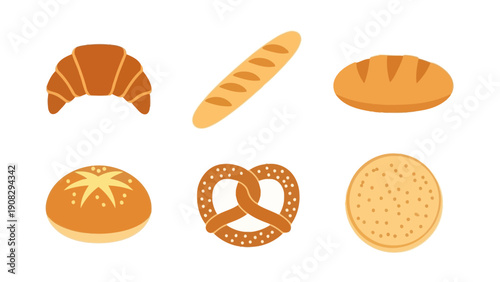 Assortment of Baked Goods: Croissant, Baguette, Loaf, Bun, Pretzel, Burger Bun