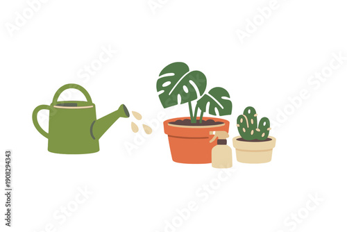 A green watering can pours water droplets onto a monstera plant in an orange pot. A small cactus in a beige pot and a spray bottle sit nearby on a black background.
