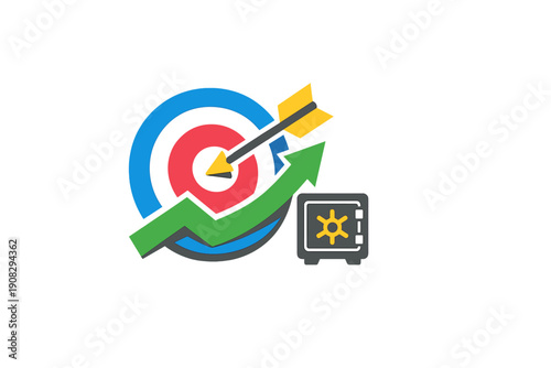 A flat illustration featuring a target with an arrow in the center, a green upward growth arrow, and a grey safe box, symbolizing financial success and security on a black background.