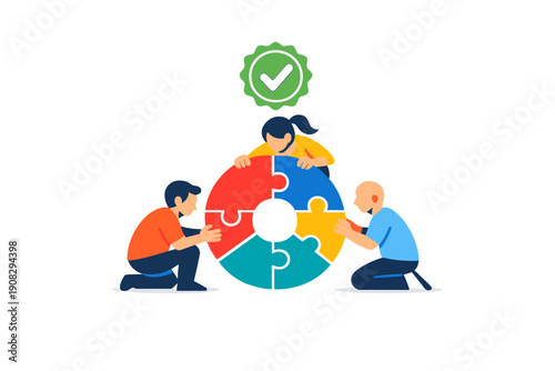 Three diverse characters work together to complete a circular jigsaw puzzle. A green checkmark icon floats above them, symbolizing successful collaboration and project achievement.