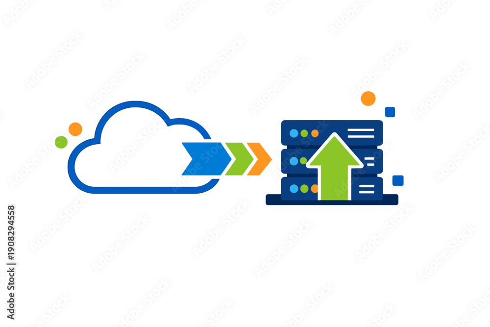 Fototapeta premium A stylized illustration depicting data transfer from a cloud icon to a stack of servers with an upward-pointing arrow, representing cloud storage and digital migration processes.