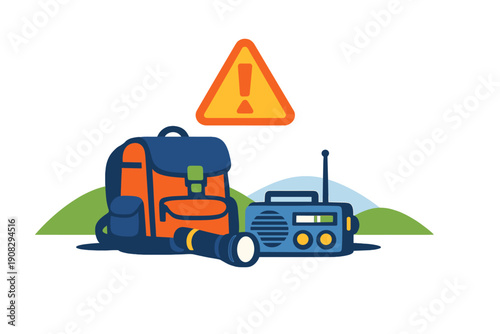An illustration of an emergency preparedness kit featuring an orange and blue backpack, a portable radio, and a flashlight set against green hills with a warning sign above.