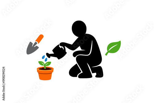 A minimalist illustration featuring a small green plant in an orange pot being watered with blue droplets, accompanied by a garden trowel and a single leaf on a black background.