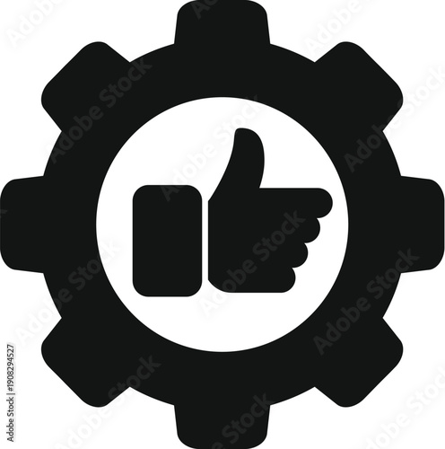 Gear icon with a thumbs up symbol representing approval, reliable performance, and optimal settings