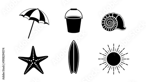 Beach Icons: Umbrella, Bucket, Seashell, Starfish, Surfboard, Sun - Summer Holiday Symbols