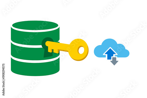A green database cylinder with a yellow key inserted into its keyhole, positioned next to a blue cloud icon featuring upload and download arrows on a black background.