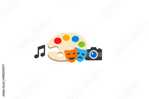 This illustration features various artistic symbols such as a colorful paint palette, comedy and tragedy theater masks, a musical note, and a digital camera on a black background.