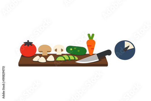 A flat vector illustration of fresh vegetables including a tomato, mushrooms, cucumber, and carrot on a wooden cutting board with a kitchen knife and a timer against a black background.