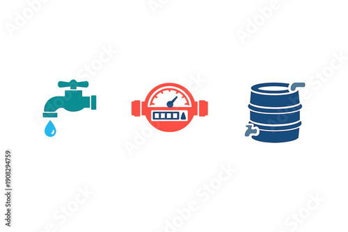 This illustration features three distinct icons: a teal faucet with a water drop, a red water meter gauge, and a blue water storage barrel, all with white outlines on a black background.