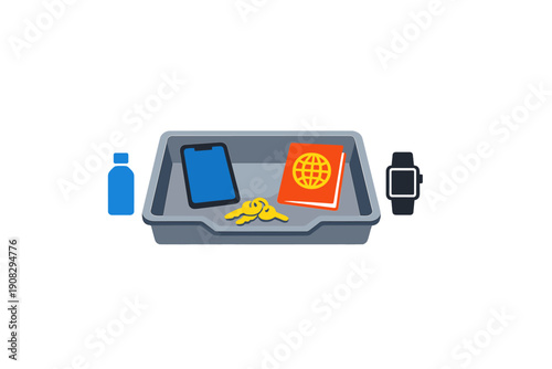 This flat vector illustration shows a gray plastic tray holding a blue mobile phone, yellow keys, and an orange passport, flanked by a blue water bottle and a black smartwatch.