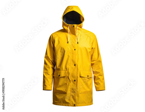 Yellow waterproof raincoat with hood and front pockets