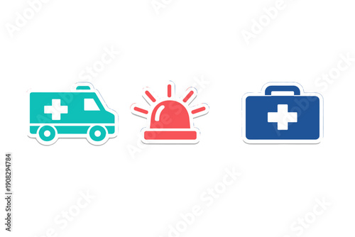 Three flat medical icons featuring a teal ambulance, a red emergency siren, and a blue first aid kit with white outlines, set against a solid black background for high contrast.
