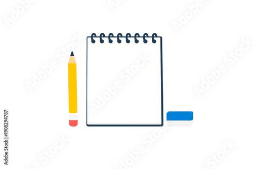 This flat vector illustration features a blank spiral notebook flanked by a yellow pencil and a blue eraser against a black background. Ideal for education and stationery themes.
