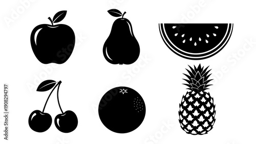 Black Silhouette Fruit Icons: Apple, Pear, Watermelon, Cherries, Orange, Pineapple