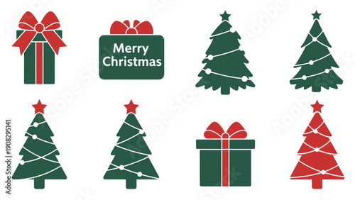Christmas Icons: Festive Trees and Gift Boxes Set, Green and Red Holiday Graphics