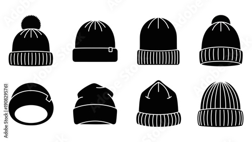 Collection of Black Winter Beanies and Bobble Hats Icons Set
