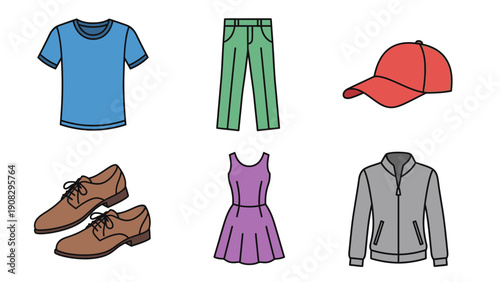 Collection of casual clothing and footwear for men and women, isolated on white