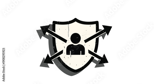 Abstract shield with person icon and arrows representing protection, security, and defense against threats